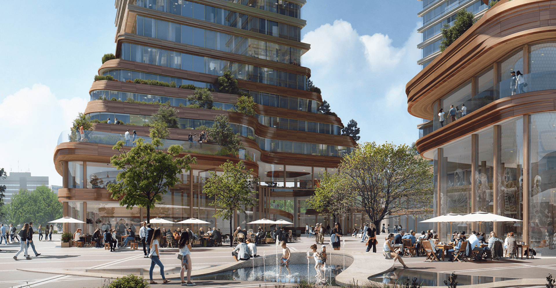 Visualisatie van stationgebied met rechts een gedeelte van één van de torens en achter in beeld een tweede toren