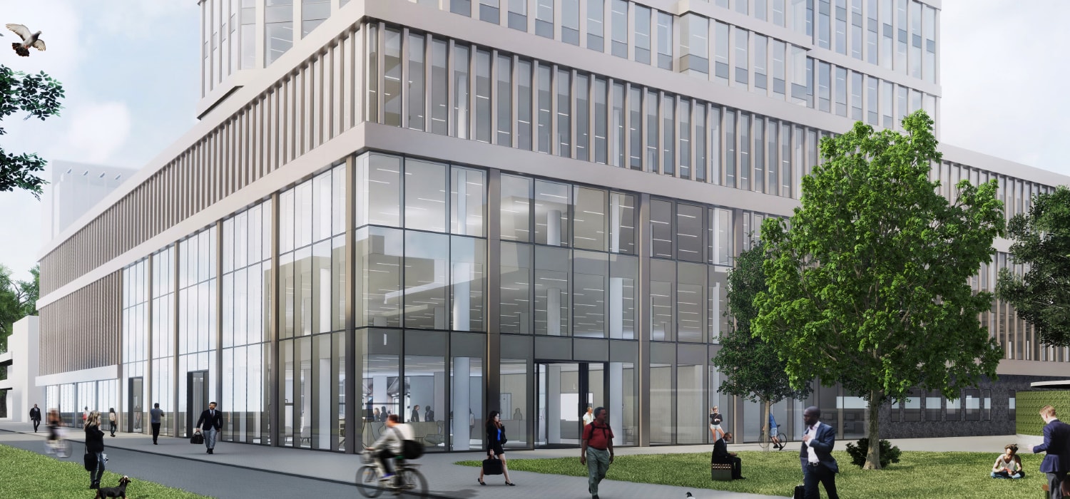 Visualisatie entree gevels van het te renoveren NS kantoor in Utrecht