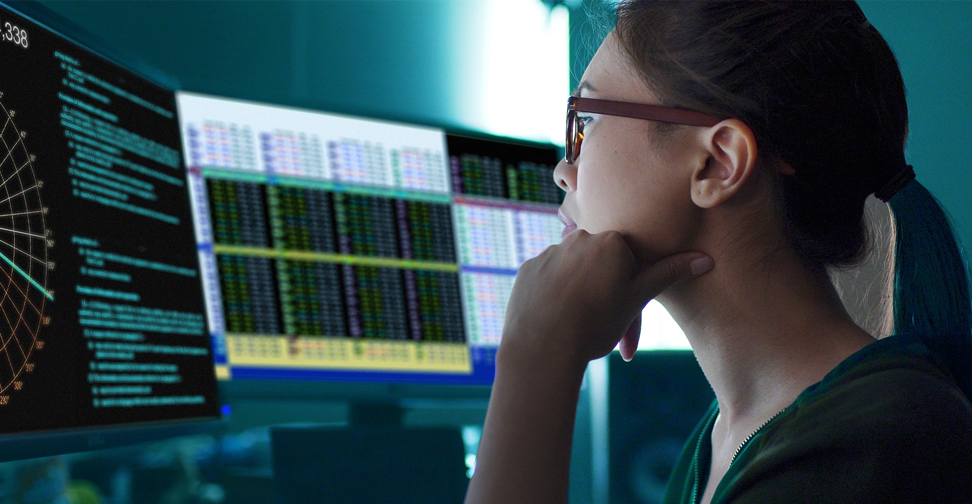 Vrouw voert achter diverse computerschermen controles uit.