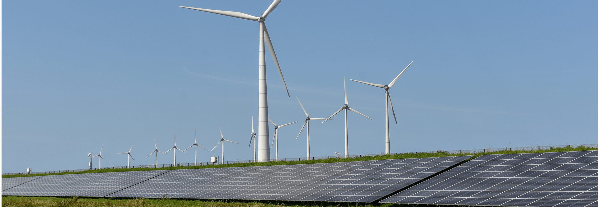 Solar panels and wind turbines stand in a grassy field, showcasing renewable energy sources in a natural landscape.