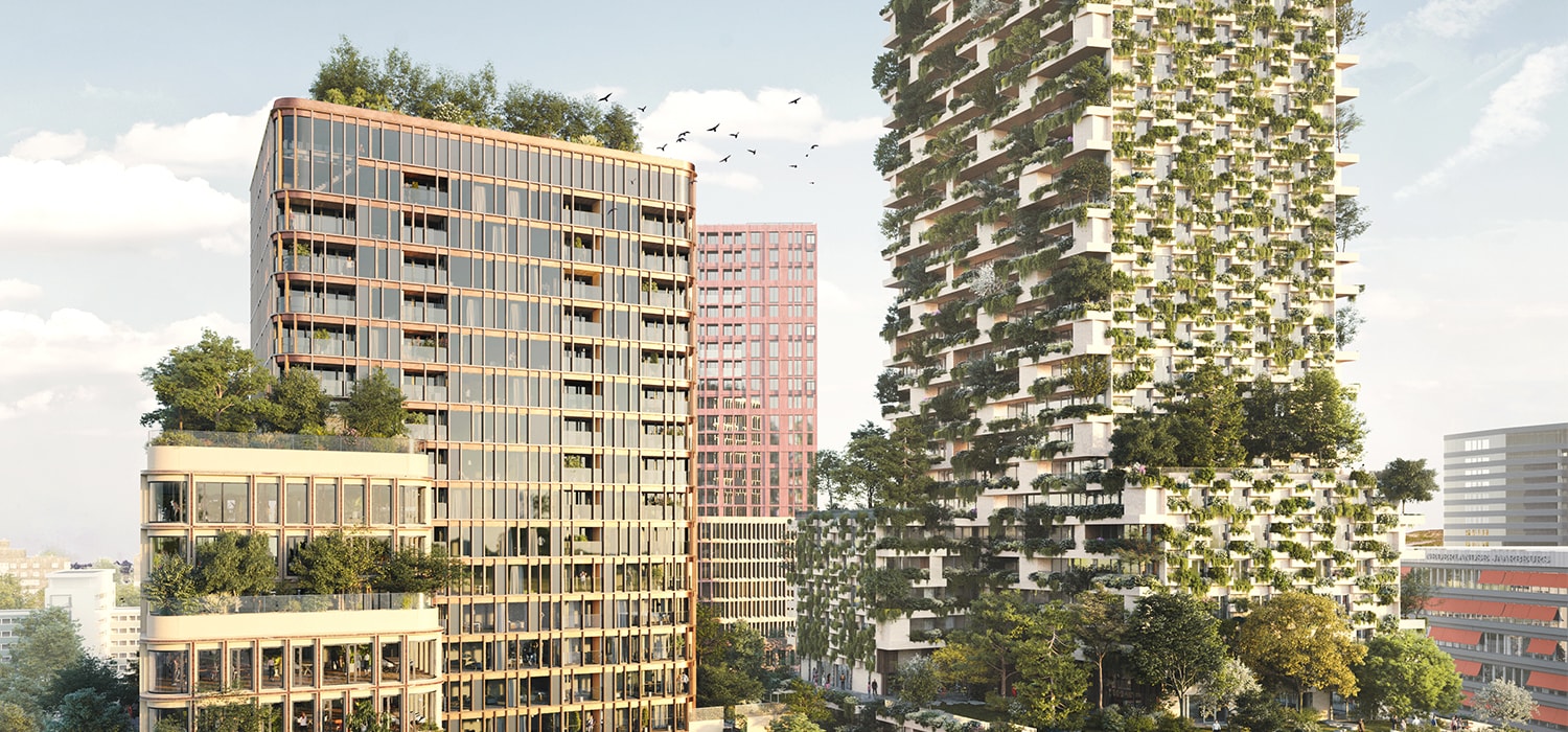 Visualisatie van nieuwe Woontoren in Utrecht met aan de gevels beplanting en zelfs bomen.