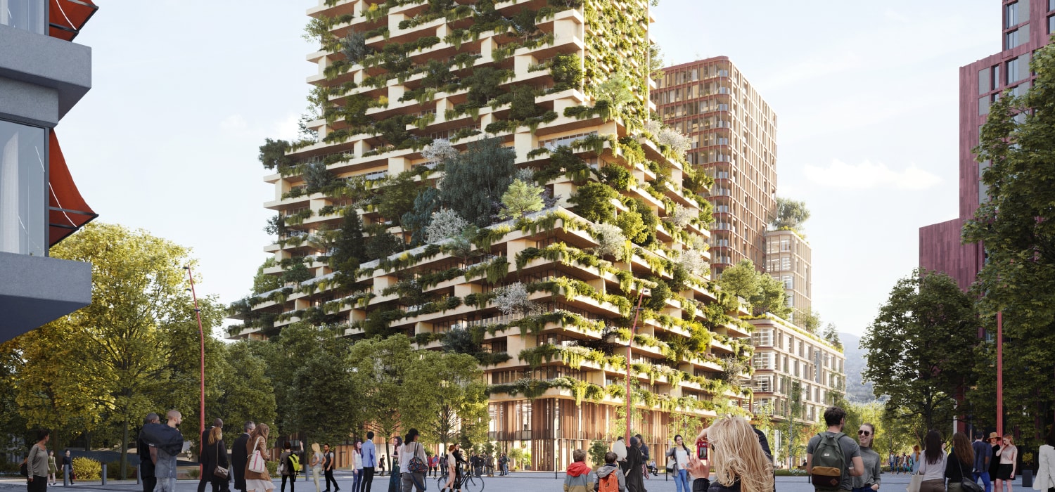 Visualisatie van nieuwe Woontoren in Utrecht met aan de gevels beplanting en zelfs bomen.