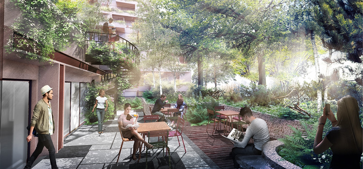 Visualisatie van nieuwe Woontoren in Utrecht met aan de gevels beplanting en zelfs bomen en mensen genieten van park op begane grond.