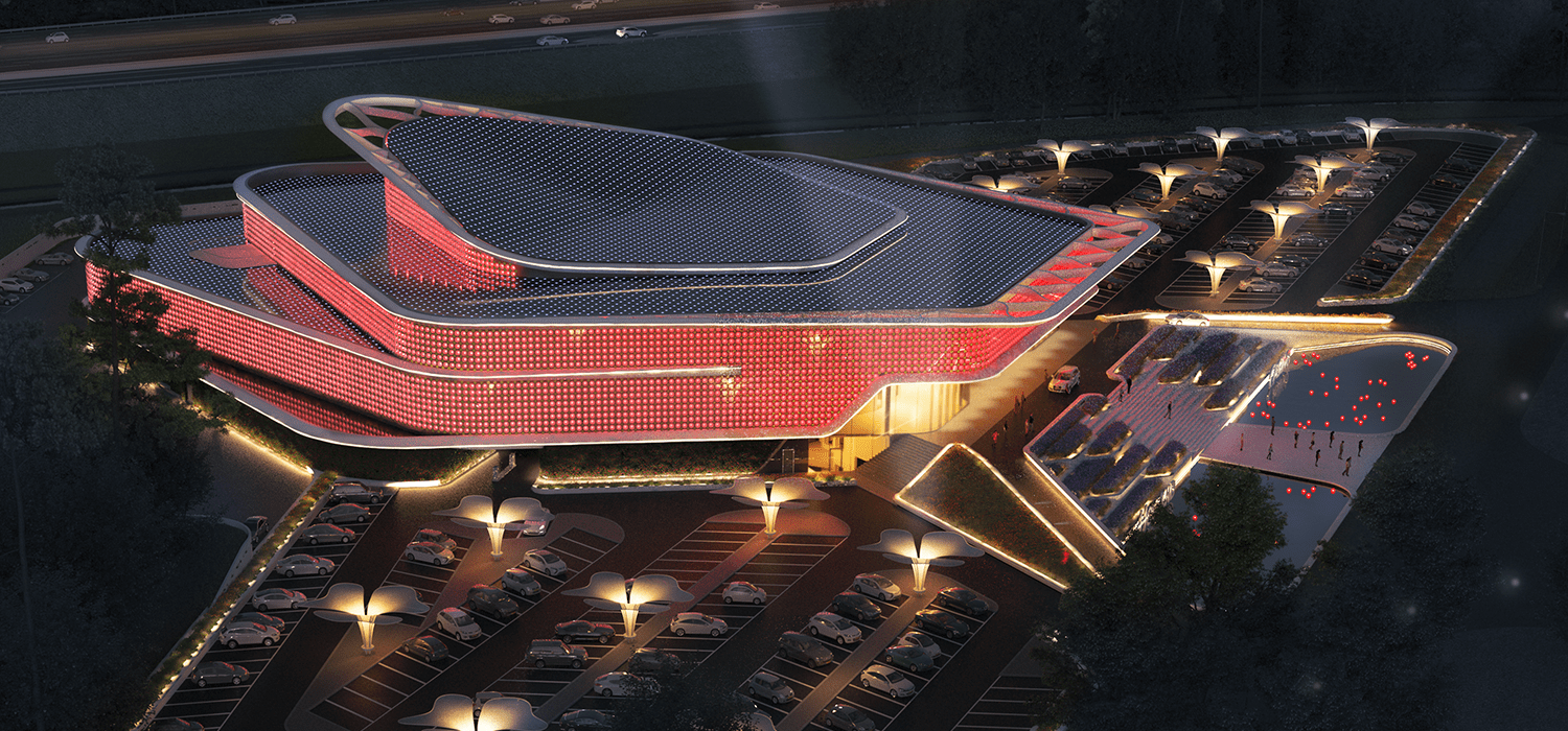 Visualisatie Casino Venlo in donker met roodgekleurde gevels door LED verlichting