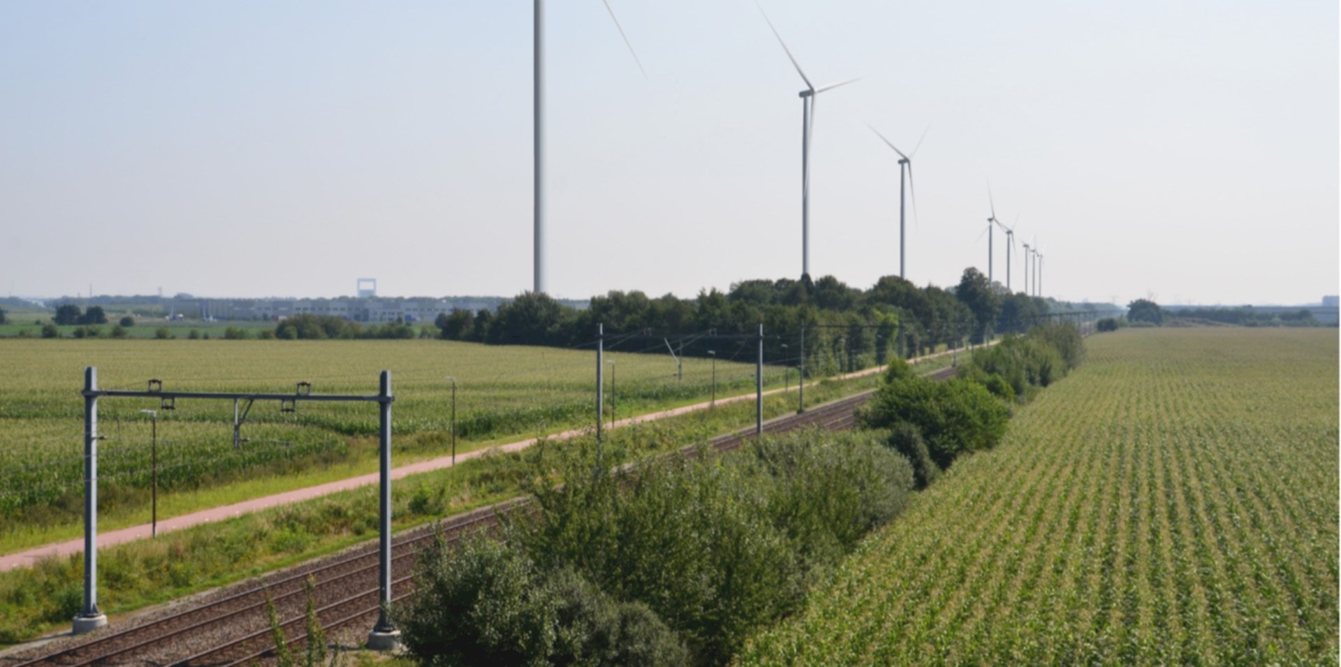 Diverse windturbines op een rij langs het spoor.