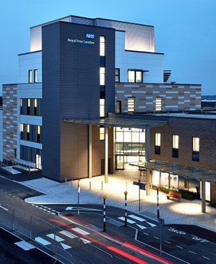 A hospital building stands prominently, with a street light illuminating the background in a serene urban setting.
