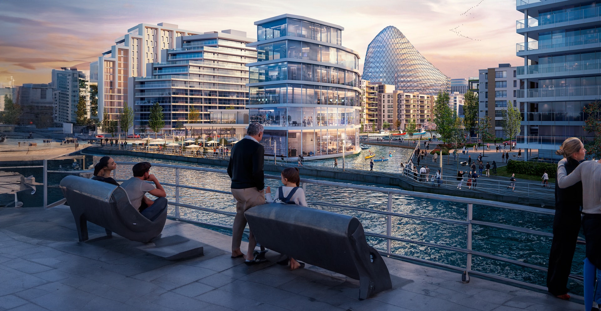 A digital rendering of a modern building, showcasing its innovative architecture and urban design.