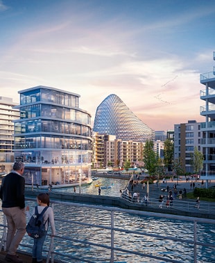 A digital rendering of a modern building, showcasing its innovative architecture and urban design.