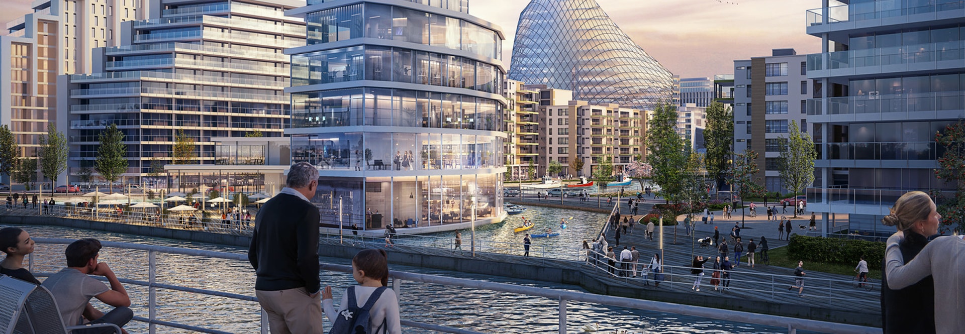 A digital rendering of a modern building, showcasing its innovative architecture and urban design.