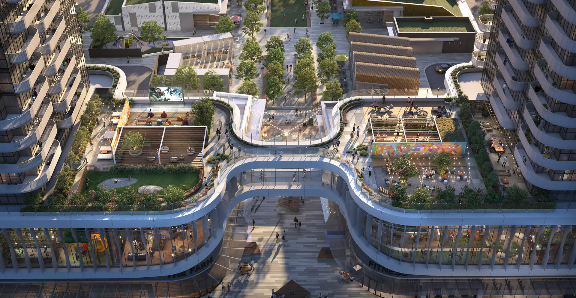  Aerial view of a vibrant city showcasing a large green park amidst urban buildings and streets.