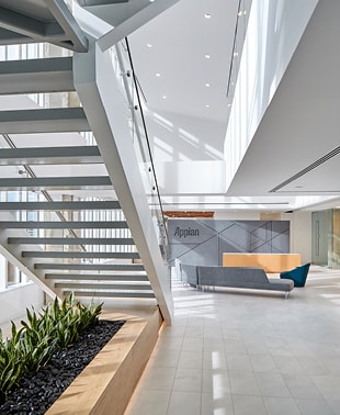 A contemporary office featuring a sleek staircase and a vibrant plant, creating a fresh and inviting atmosphere.